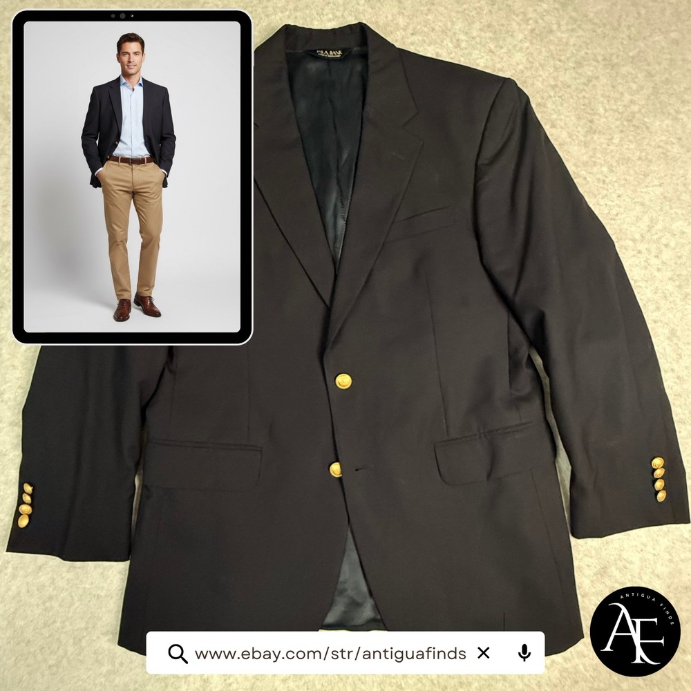 Jos. A. Bank Mens 41R Navy Blue 100% Wool Blazer‎ Gold Crest Buttons Sport Coat